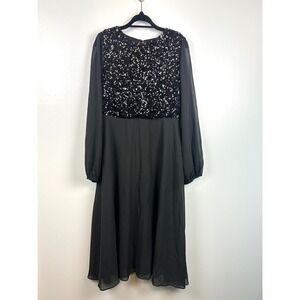 JJs House Black Sequin Sheer Long Sleeve Dress Sz Large Midi Formal Party Prom